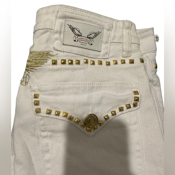 Robin’s Jeans Men’s Sz 29 Studded Gold white Designer Fashion Flap Button Wing